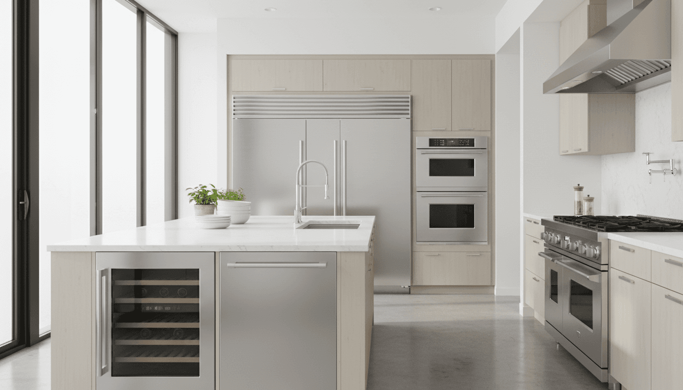 Modern kitchen with large appliances in natural lighting.