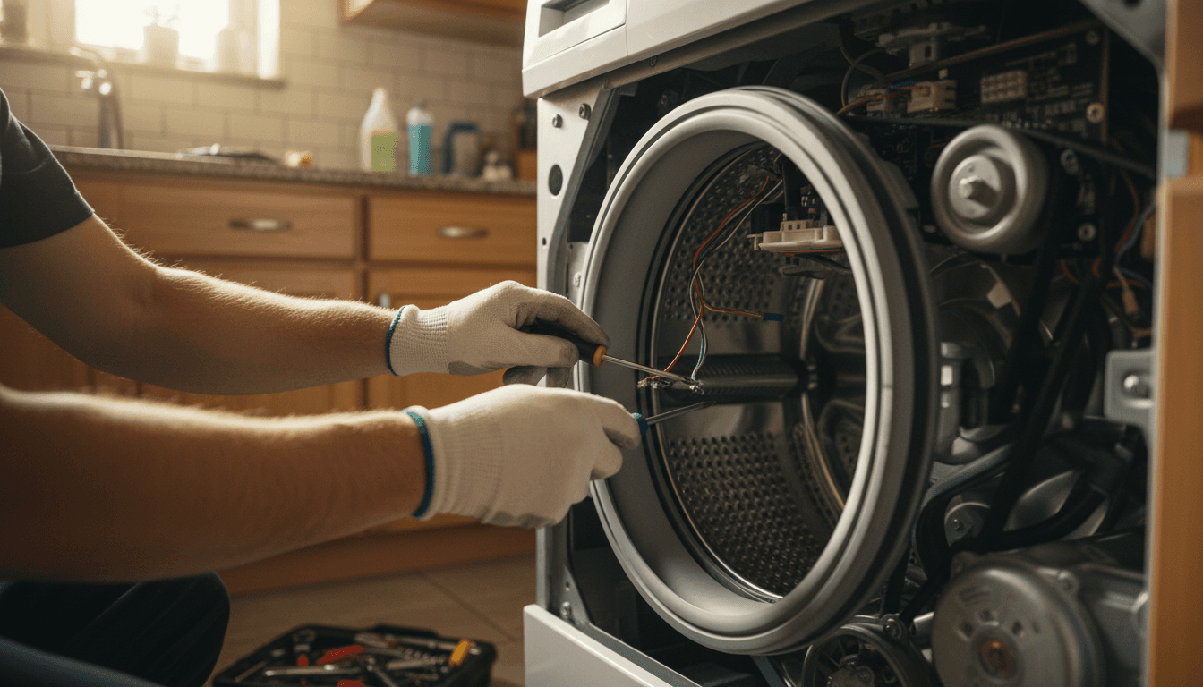 Technician performing hands-on washing machine repair in a home kitchen