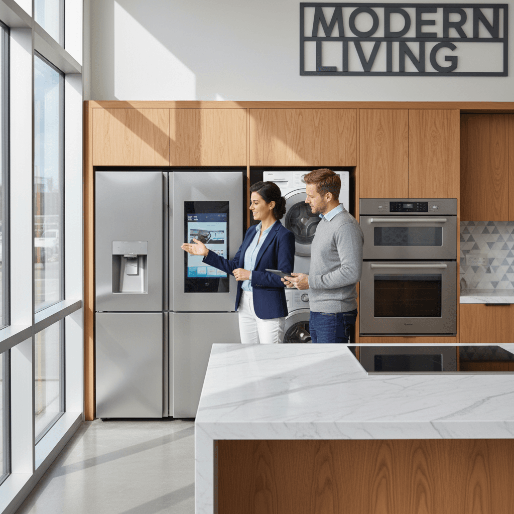 Modern kitchen appliances display and customer consultation