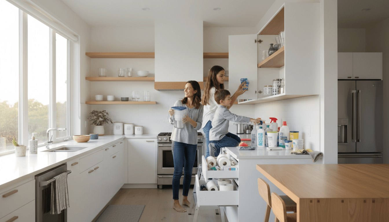 Family checking household consumables and maintenance items in kitchen cabinets and shelves