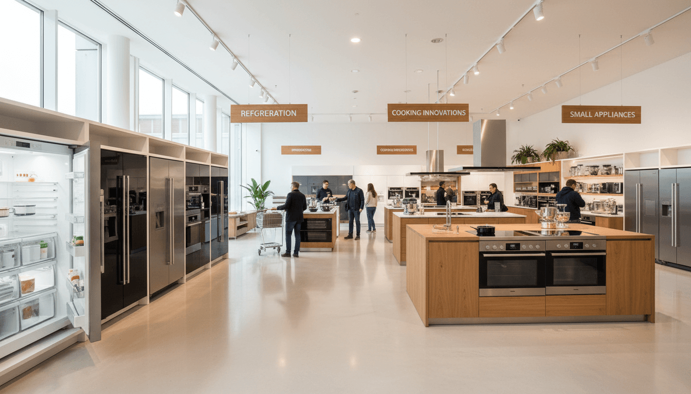 Modern appliance showroom with organized displays of refrigerators and cooking equipment, customers browsing products