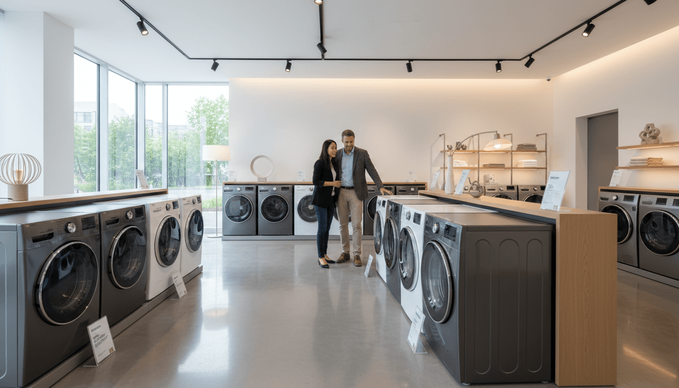 Couple examining washing machines and dryers in modern showroom with multiple premium appliance options displayed